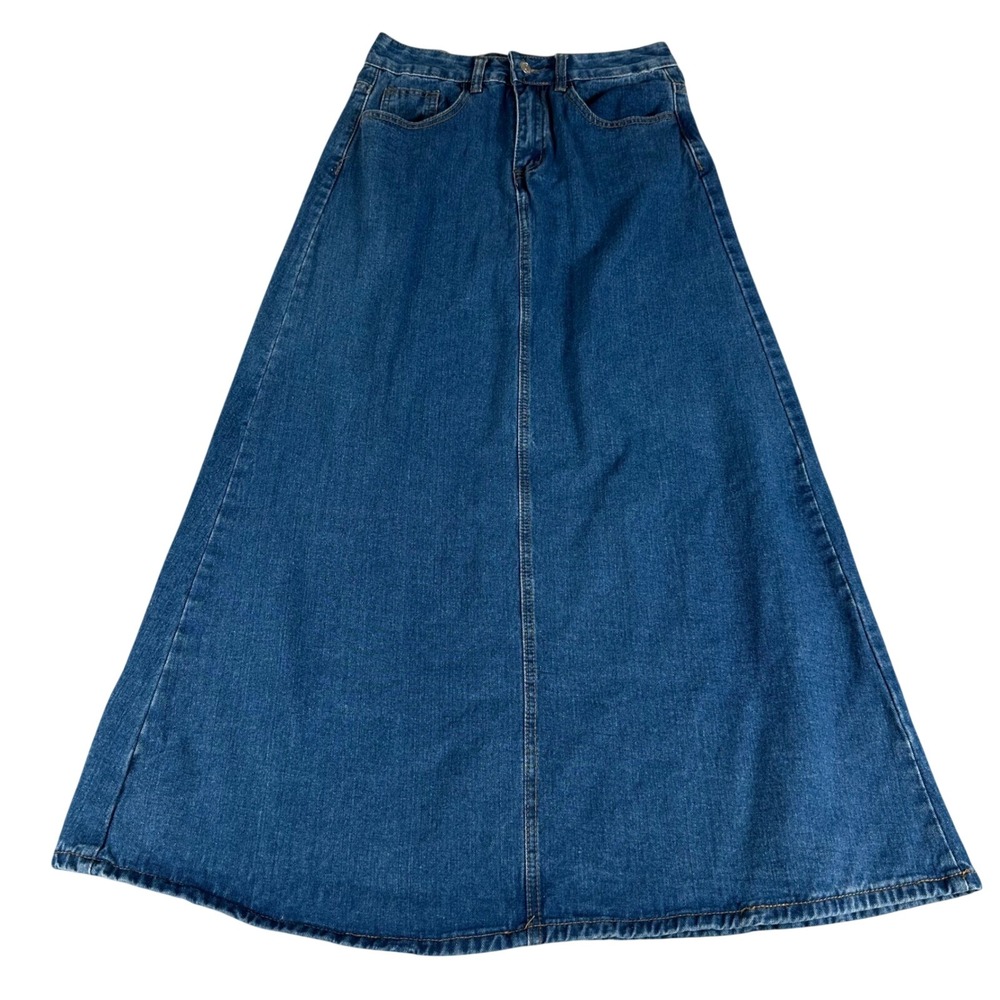 Whimsical Denim Maxi Skirt Women M Blue A-Line 36" Long Coastal Minimalist